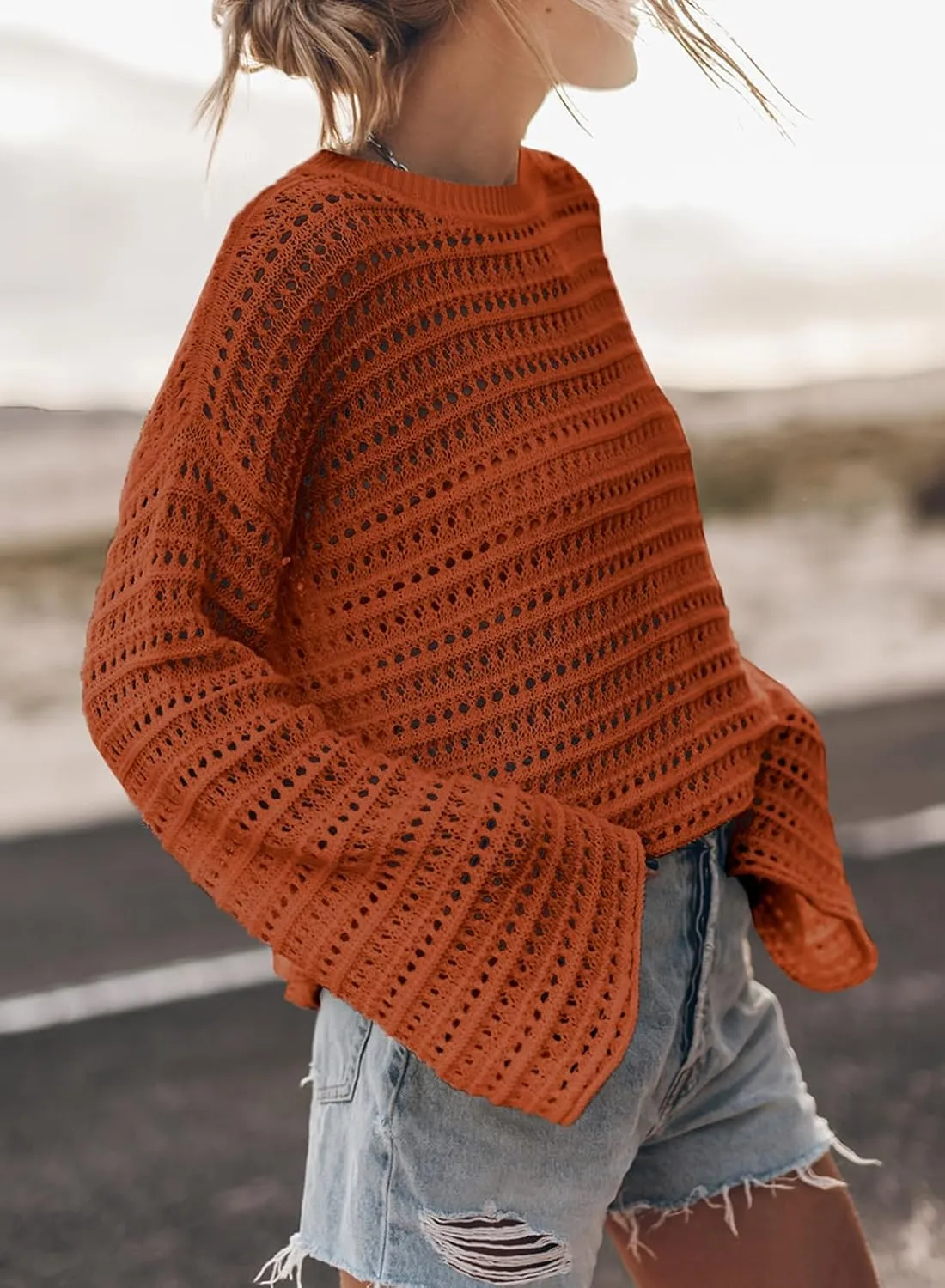 Sidefeel Womens Sweaters Lightweight Casual Long Sleeve Loose Crochet Hollow Out Knit Pullover Tops Clothing