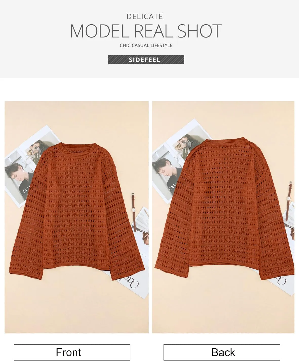 Sidefeel Womens Sweaters Lightweight Casual Long Sleeve Loose Crochet Hollow Out Knit Pullover Tops Clothing