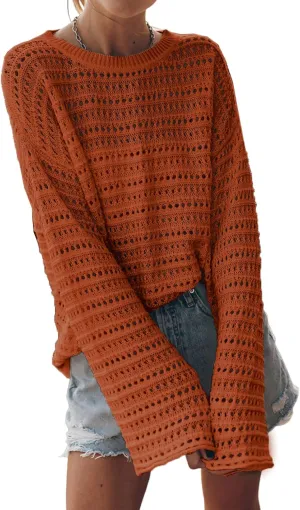 Sidefeel Womens Sweaters Lightweight Casual Long Sleeve Loose Crochet Hollow Out Knit Pullover Tops Clothing