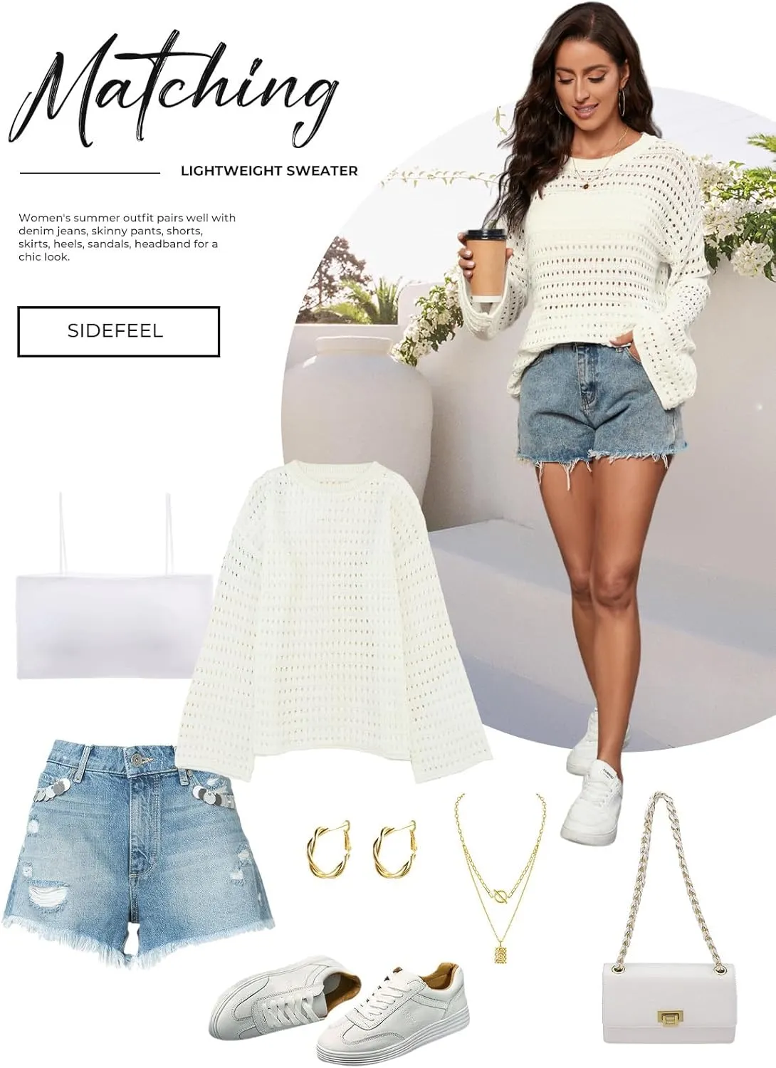 Sidefeel Womens Sweaters Lightweight Casual Long Sleeve Loose Crochet Hollow Out Knit Pullover Tops Clothing