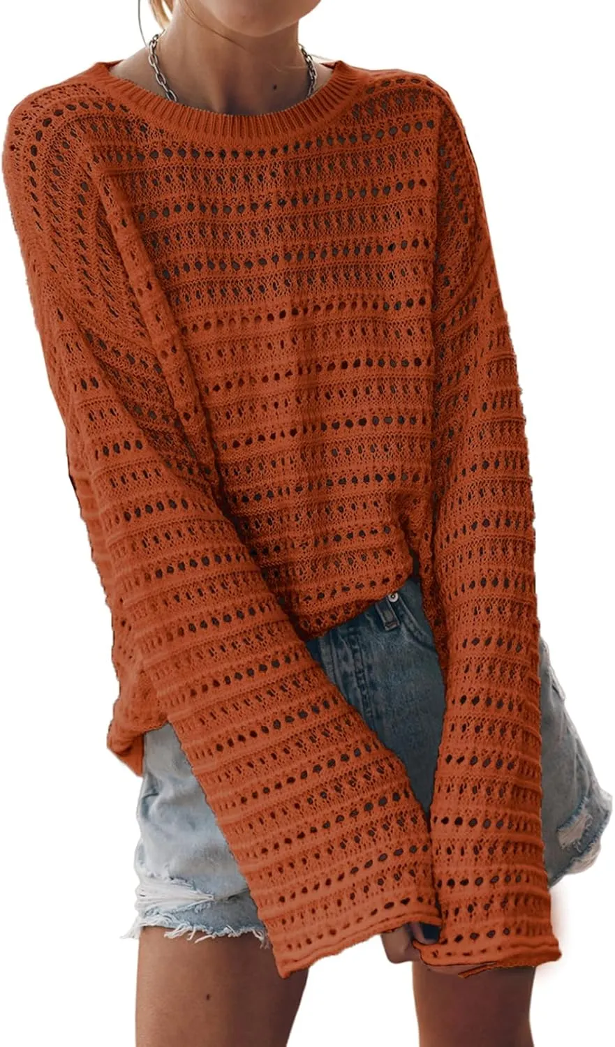 Sidefeel Womens Sweaters Lightweight Casual Long Sleeve Loose Crochet Hollow Out Knit Pullover Tops Clothing
