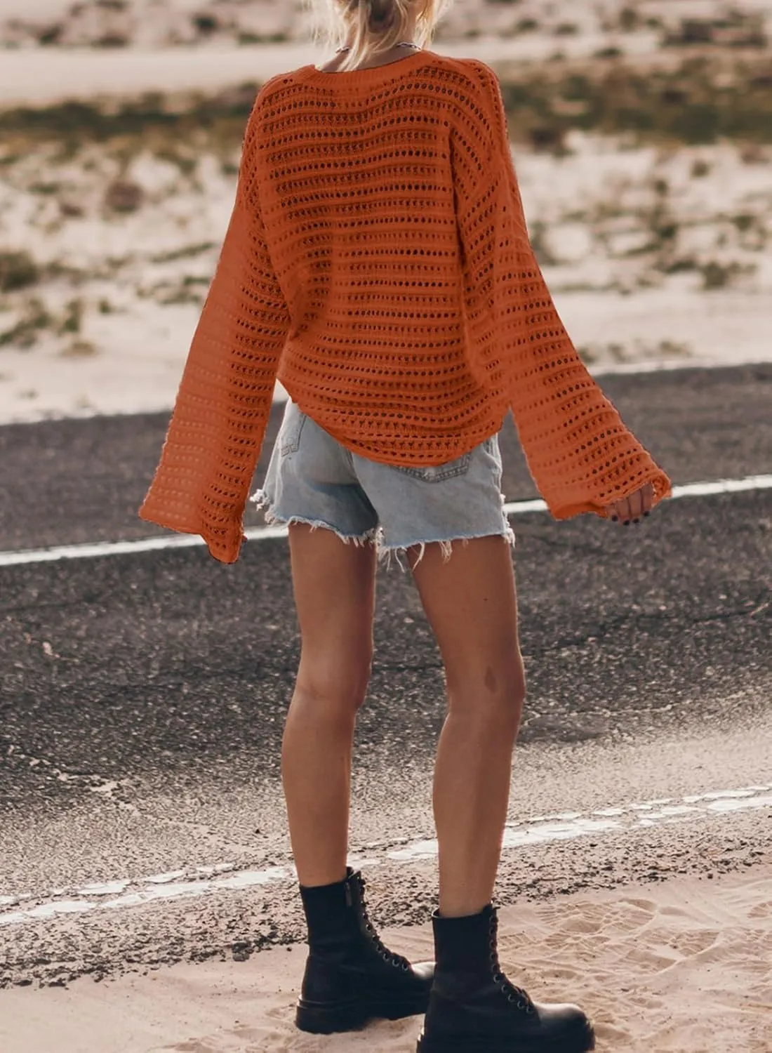Sidefeel Womens Sweaters Lightweight Casual Long Sleeve Loose Crochet Hollow Out Knit Pullover Tops Clothing