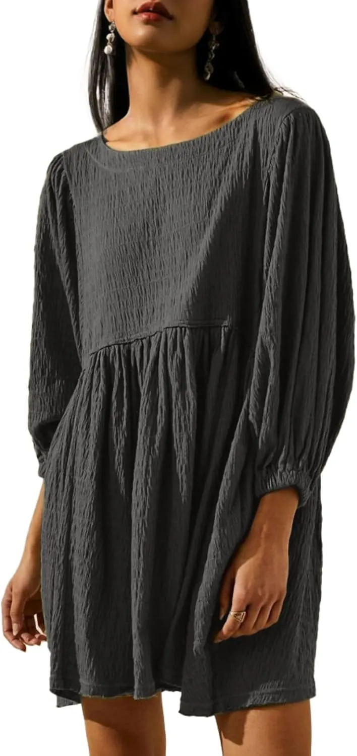 Simplee Apparel Womens Flowy Summer Tunic Dress Puff Sleeve Casual Babydoll Mini Dresses with Pockets