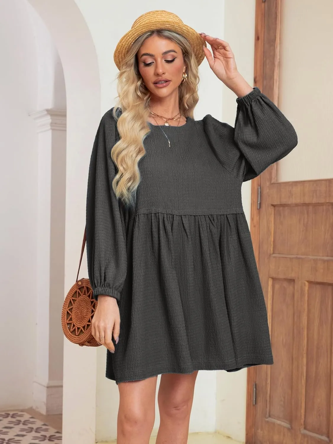 Simplee Apparel Womens Flowy Summer Tunic Dress Puff Sleeve Casual Babydoll Mini Dresses with Pockets
