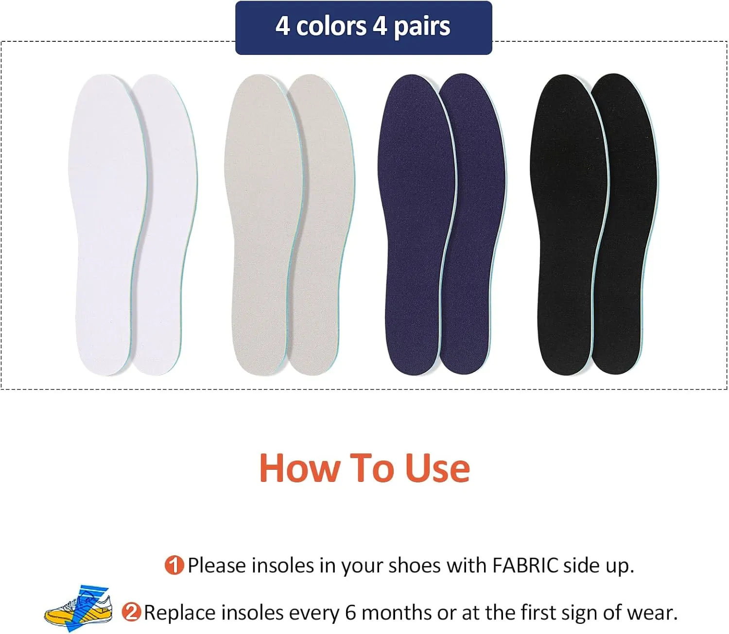 Sintege 4 Pairs Breathable Shoe Insoles for Men and Women Soft Sweat Absorbing Insoles for Daily Comfort Replacement Improve Foot Posture Balance Strength (Classic,11.8 Inches)