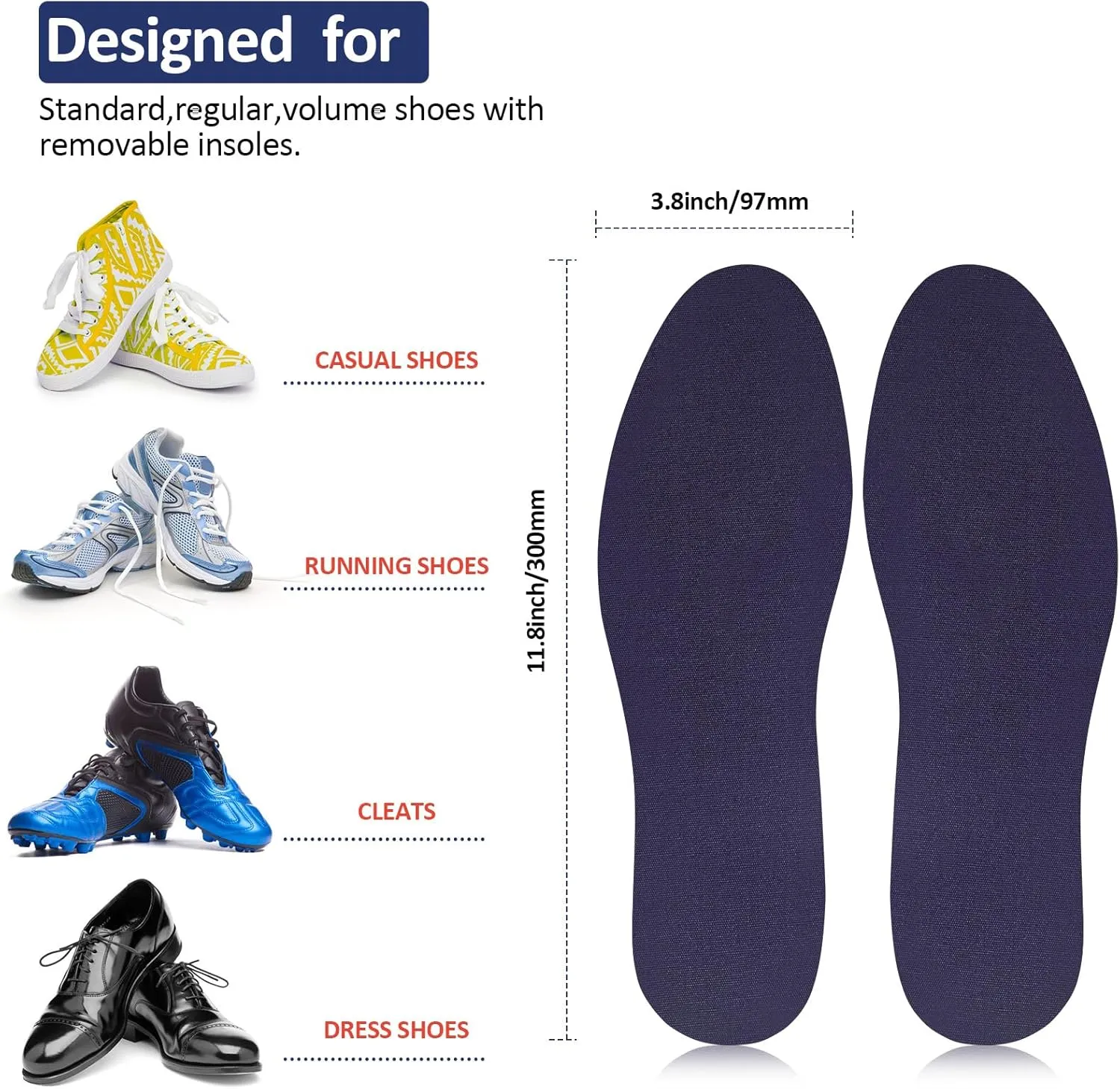 Sintege 4 Pairs Breathable Shoe Insoles for Men and Women Soft Sweat Absorbing Insoles for Daily Comfort Replacement Improve Foot Posture Balance Strength (Classic,11.8 Inches)