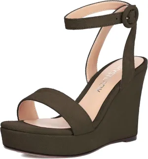 SKYSTERRY Womens Open Toe Sexy Buckle Party Platform Suede Ankle Strap Wedge High Heel Heeled Sandals 4 Inch