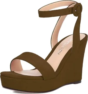 SKYSTERRY Womens Open Toe Sexy Buckle Party Platform Suede Ankle Strap Wedge High Heel Heeled Sandals 4 Inch