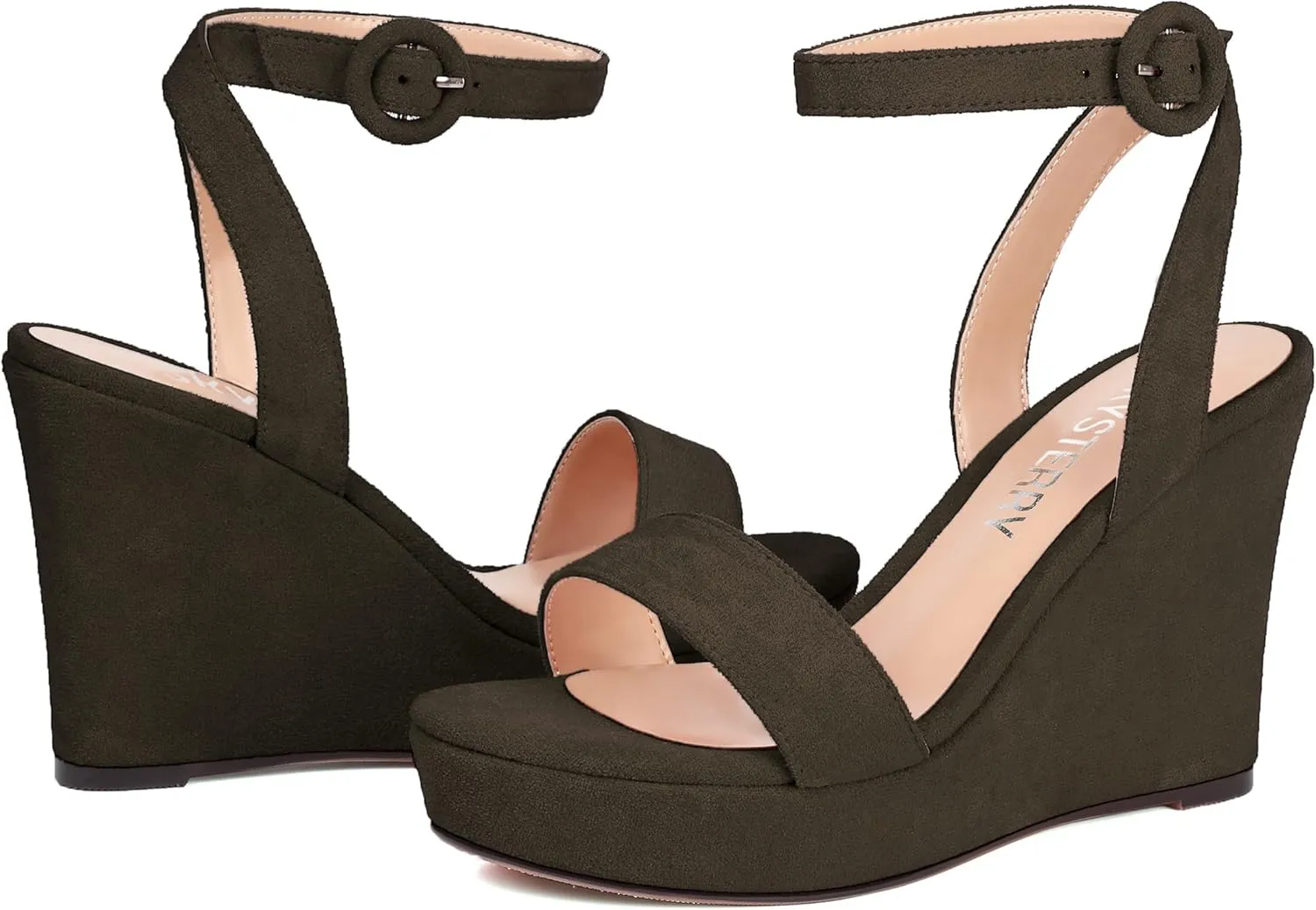 SKYSTERRY Womens Open Toe Sexy Buckle Party Platform Suede Ankle Strap Wedge High Heel Heeled Sandals 4 Inch