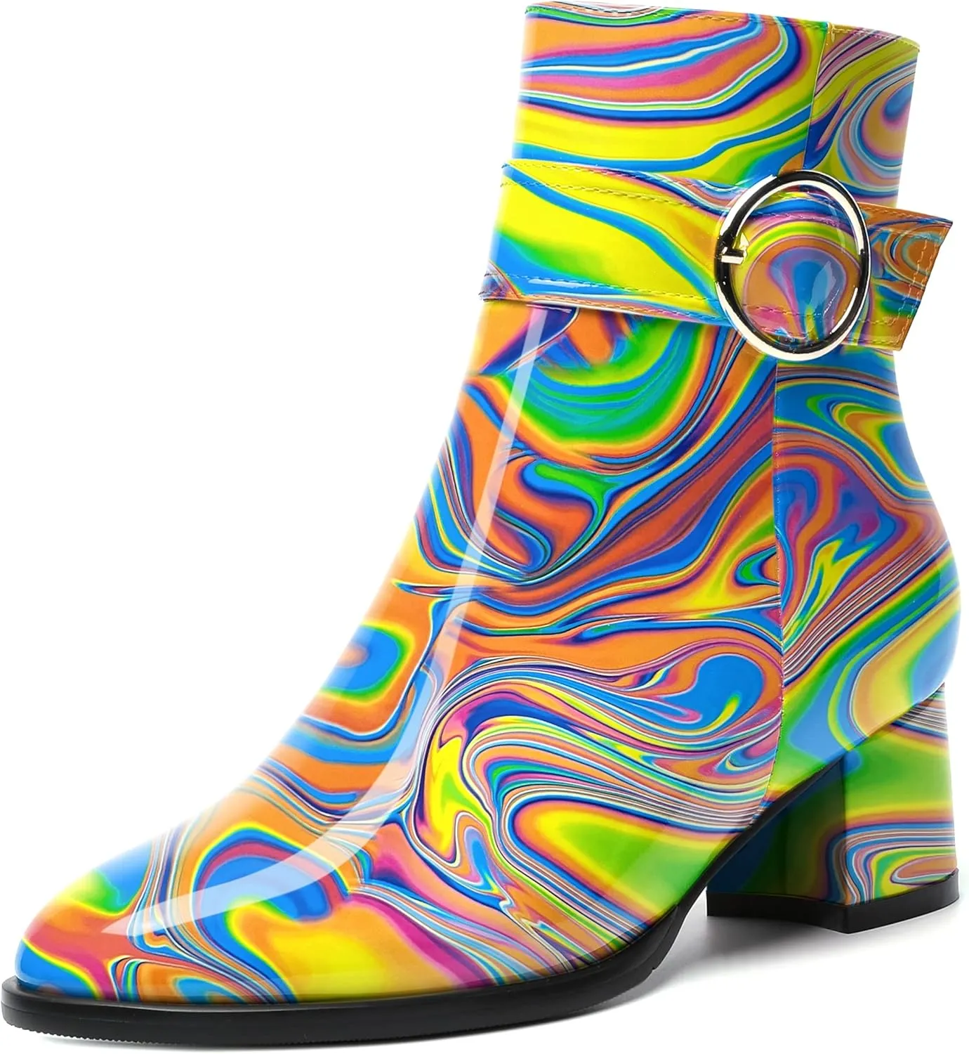 SKYSTERRY Womens Zip Fashion Patent Round Toe Outdoor Chunky Low Heel Ankle High Boots 2 Inch