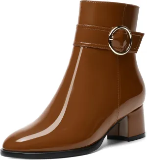 SKYSTERRY Womens Zip Fashion Patent Round Toe Outdoor Chunky Low Heel Ankle High Boots 2 Inch