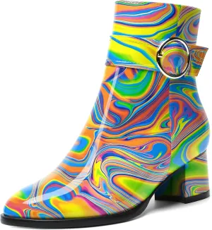 SKYSTERRY Womens Zip Fashion Patent Round Toe Outdoor Chunky Low Heel Ankle High Boots 2 Inch