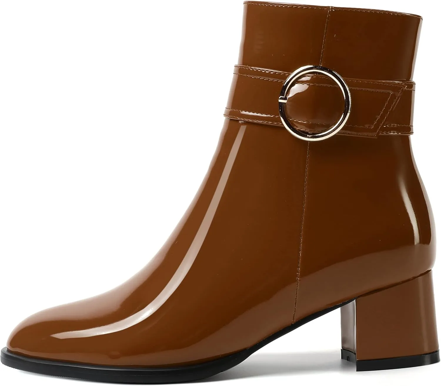 SKYSTERRY Womens Zip Fashion Patent Round Toe Outdoor Chunky Low Heel Ankle High Boots 2 Inch