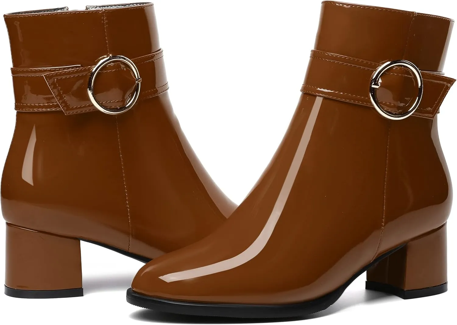 SKYSTERRY Womens Zip Fashion Patent Round Toe Outdoor Chunky Low Heel Ankle High Boots 2 Inch