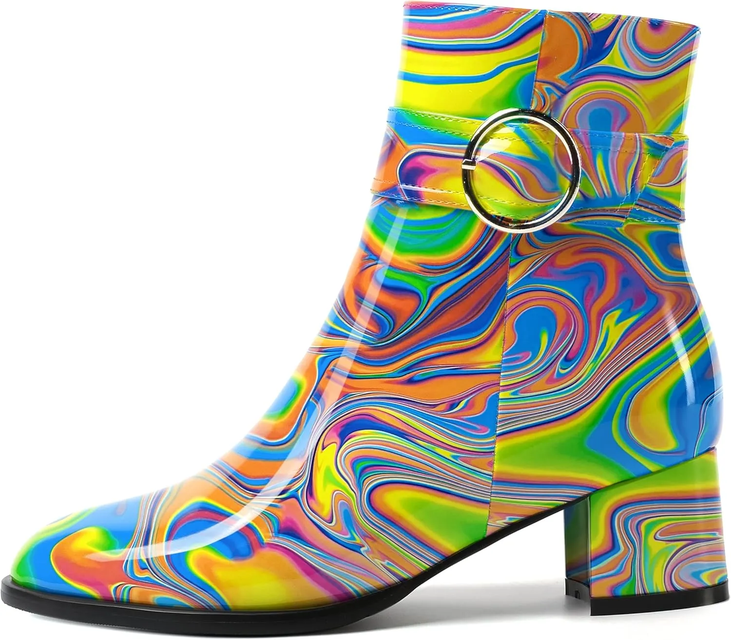 SKYSTERRY Womens Zip Fashion Patent Round Toe Outdoor Chunky Low Heel Ankle High Boots 2 Inch