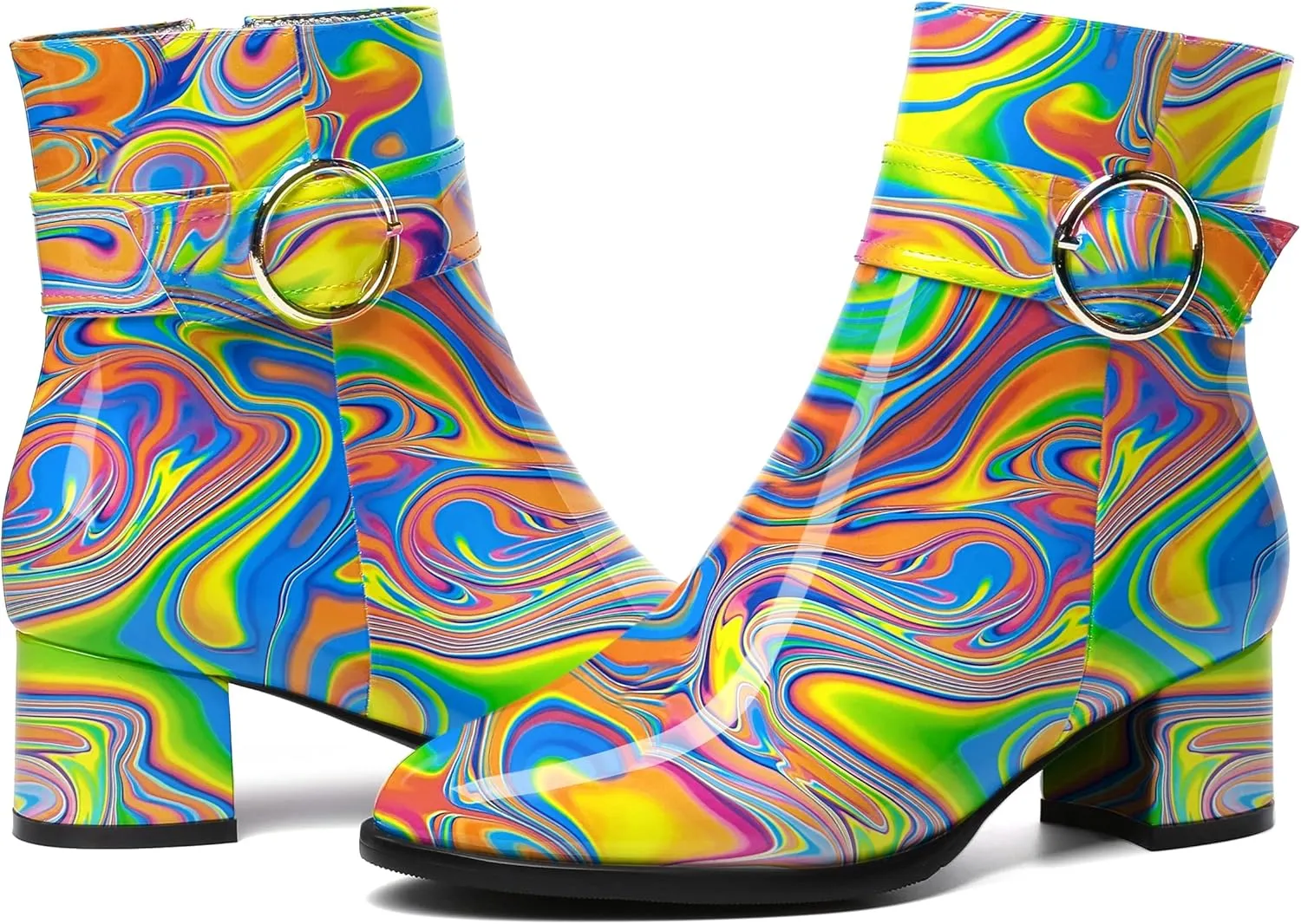 SKYSTERRY Womens Zip Fashion Patent Round Toe Outdoor Chunky Low Heel Ankle High Boots 2 Inch