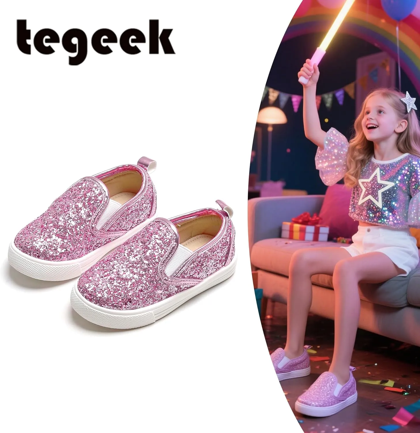 Sparkly Sneakers for Girls 3-12 Years Slip-On Comfort Fit Casual Princess Shoes