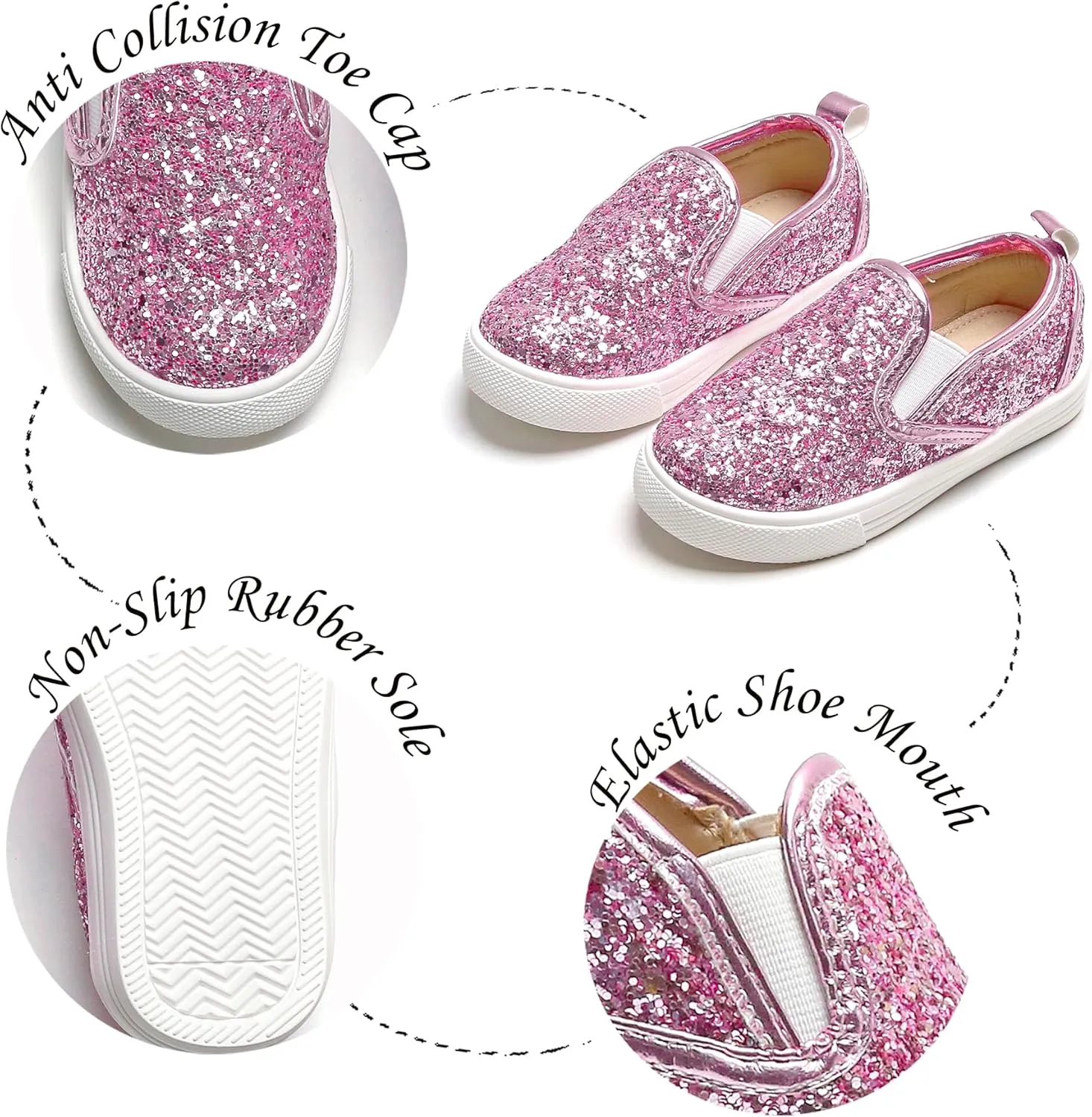 Sparkly Sneakers for Girls 3-12 Years Slip-On Comfort Fit Casual Princess Shoes