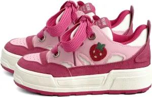 Strawberry Y2K Cute Canvas Preppy Shoes Chunky Sneakers Kawaii Pink Colorful Platform Laces Up Athletic Streetwear for Women and Girl for Sports Fit Well