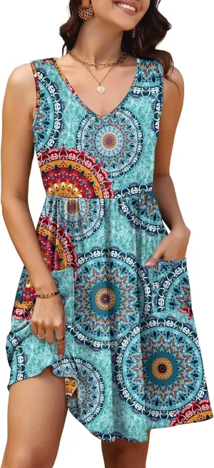 Summer Casual Midi Dresses for Women 2025 Vacation- Womens Sleeveless Knee Length Sundress with Pockets Loose Fit
