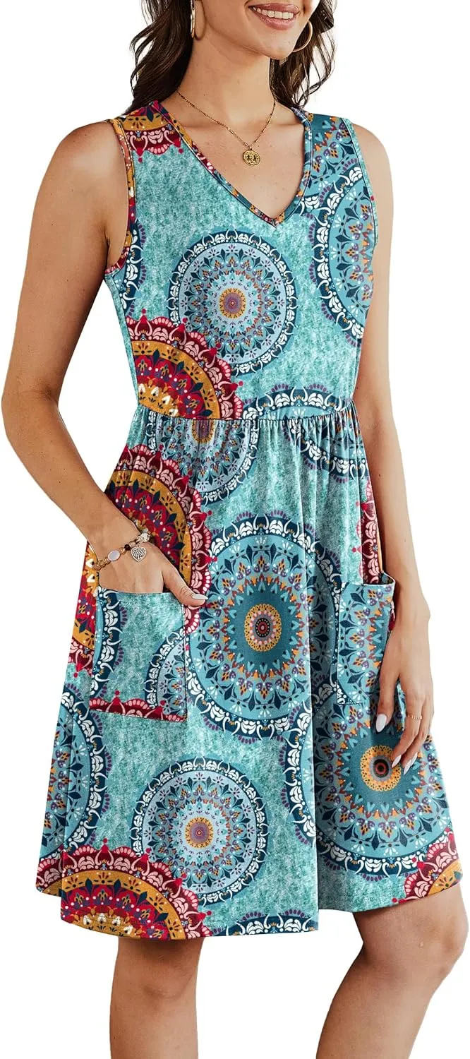 Summer Casual Midi Dresses for Women 2025 Vacation- Womens Sleeveless Knee Length Sundress with Pockets Loose Fit
