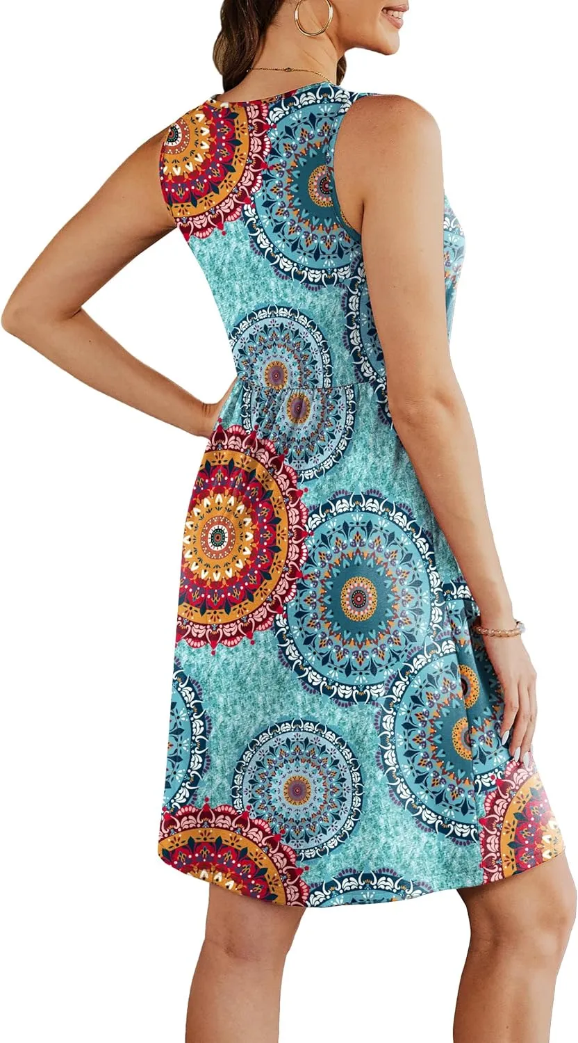 Summer Casual Midi Dresses for Women 2025 Vacation- Womens Sleeveless Knee Length Sundress with Pockets Loose Fit