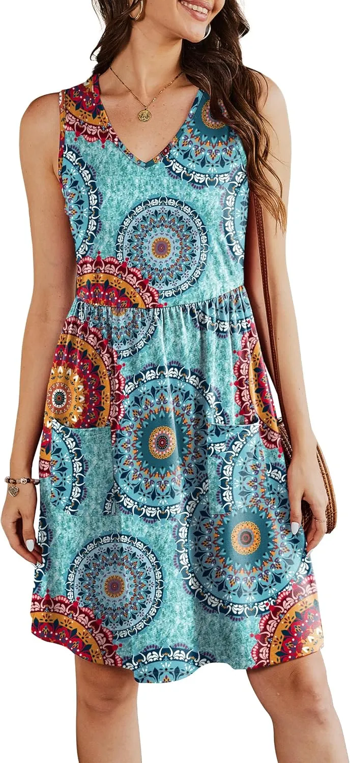 Summer Casual Midi Dresses for Women 2025 Vacation- Womens Sleeveless Knee Length Sundress with Pockets Loose Fit