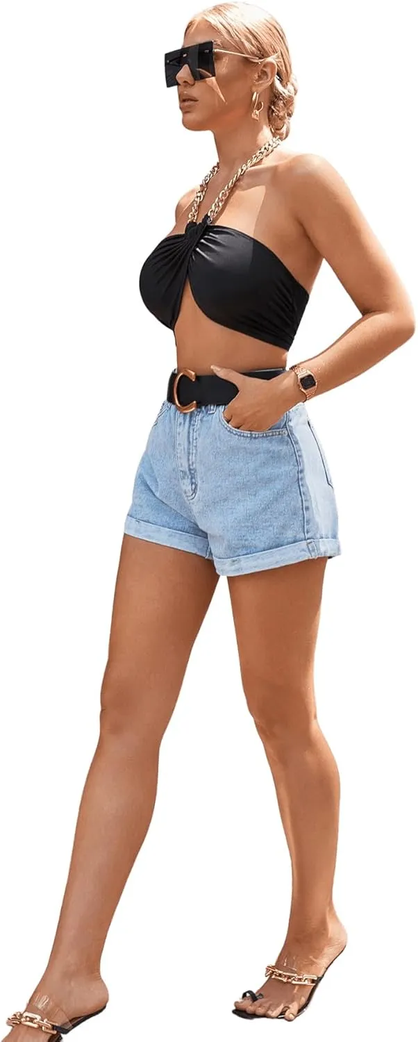 SweatyRocks Women's High Rise Roll Up Hem Straight Leg Denim Jean Shorts with Pocket