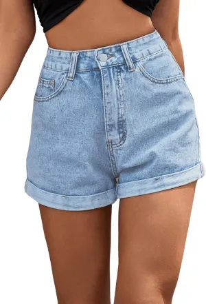 SweatyRocks Women's High Rise Roll Up Hem Straight Leg Denim Jean Shorts with Pocket
