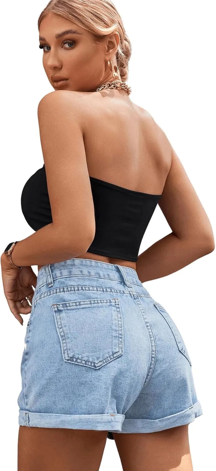 SweatyRocks Women's High Rise Roll Up Hem Straight Leg Denim Jean Shorts with Pocket