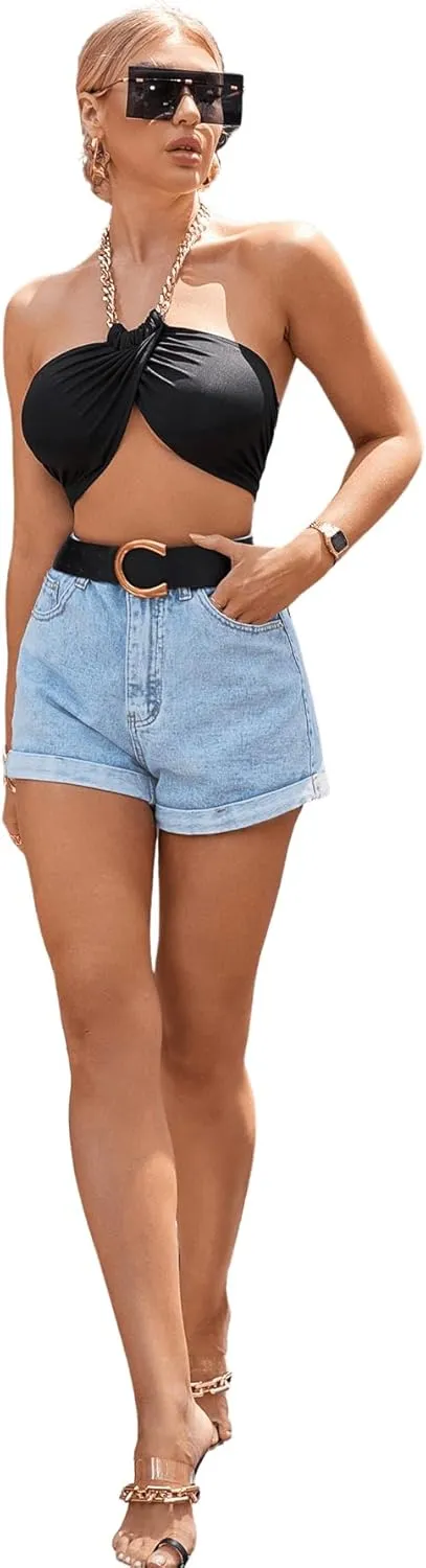 SweatyRocks Women's High Rise Roll Up Hem Straight Leg Denim Jean Shorts with Pocket