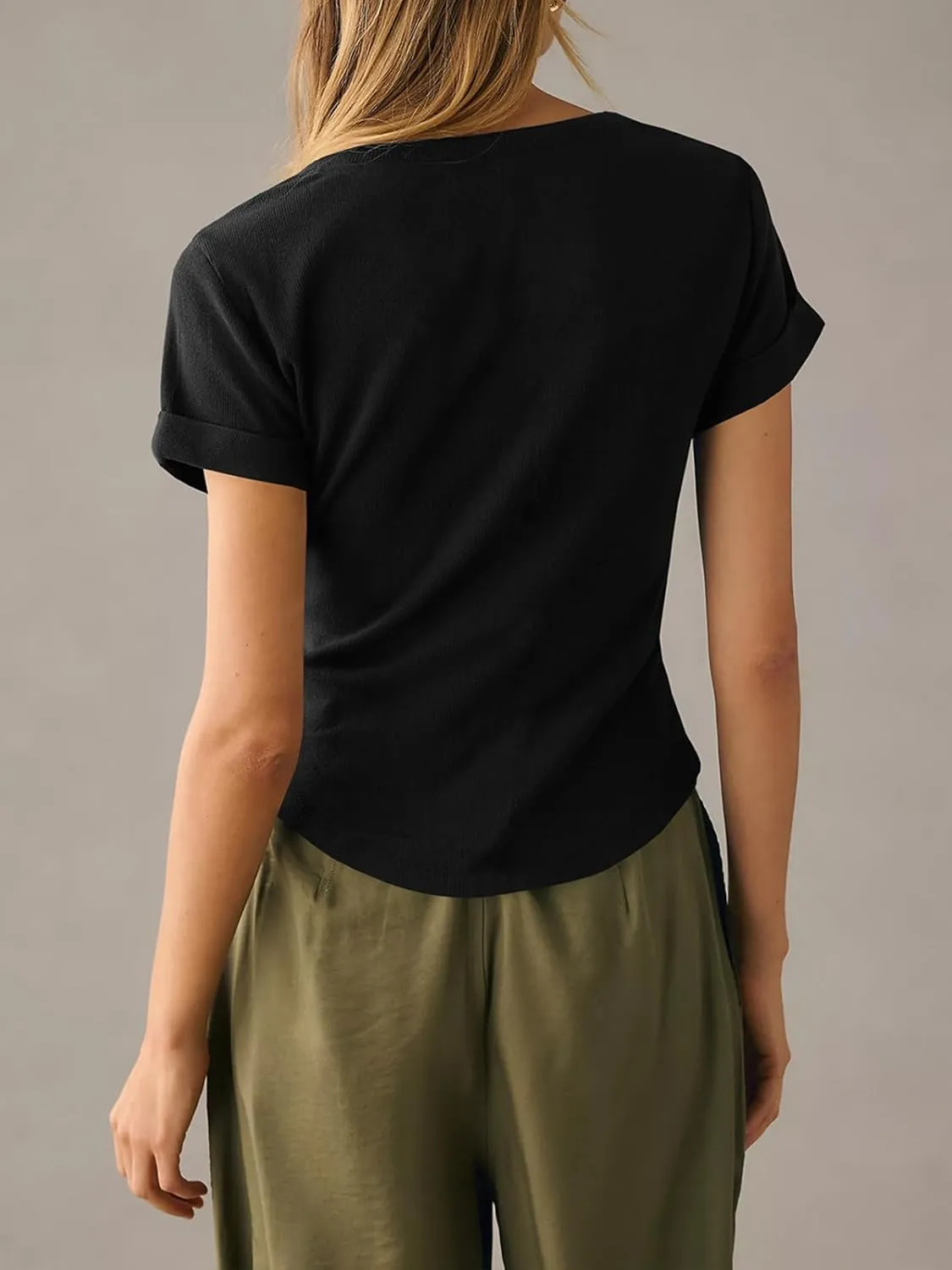 Tankaneo Women Deep V Neck Low Cut Tops Casual Ribbed Knit Henley T-Shirts Summer Short Sleeve Tees