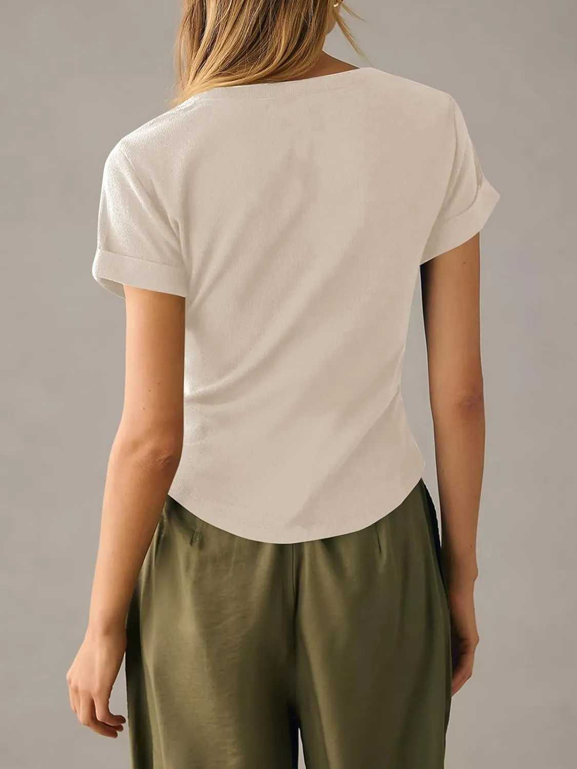 Tankaneo Women Deep V Neck Low Cut Tops Casual Ribbed Knit Henley T-Shirts Summer Short Sleeve Tees