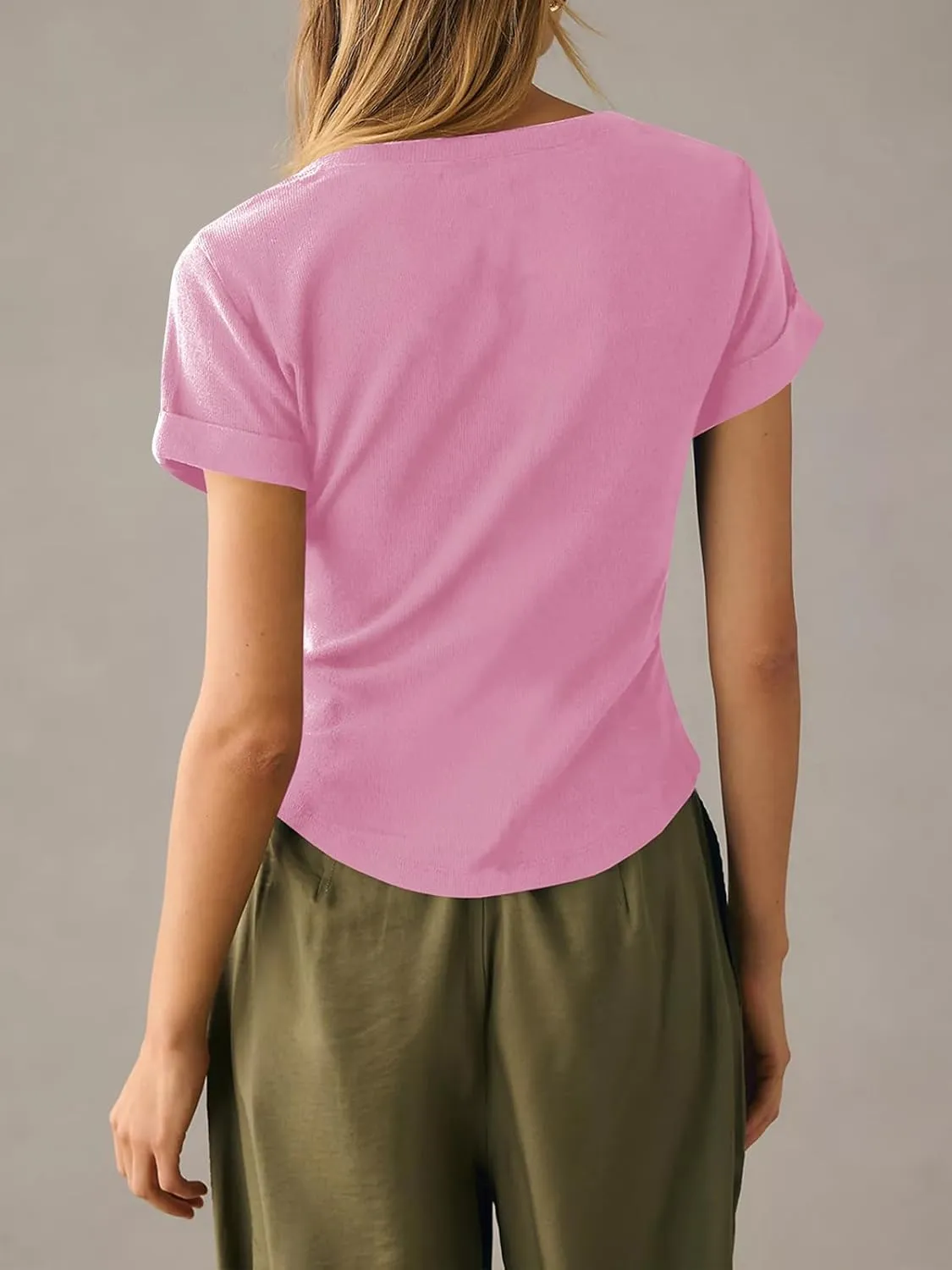 Tankaneo Women Deep V Neck Low Cut Tops Casual Ribbed Knit Henley T-Shirts Summer Short Sleeve Tees