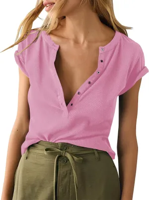 Tankaneo Women Deep V Neck Low Cut Tops Casual Ribbed Knit Henley T-Shirts Summer Short Sleeve Tees