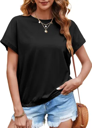 Tankaneo Women Short Cap Sleeve Tops Summer Casual Banded Sweatshirt Crew Neck Loose Fit T-Shirts