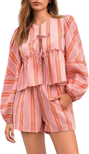 Tankaneo Womens 2 Piece Outfits Tie Front Peplum Tops Shorts Sets Striped Puff Long Sleeve Blouse Y2K Lounge Sets