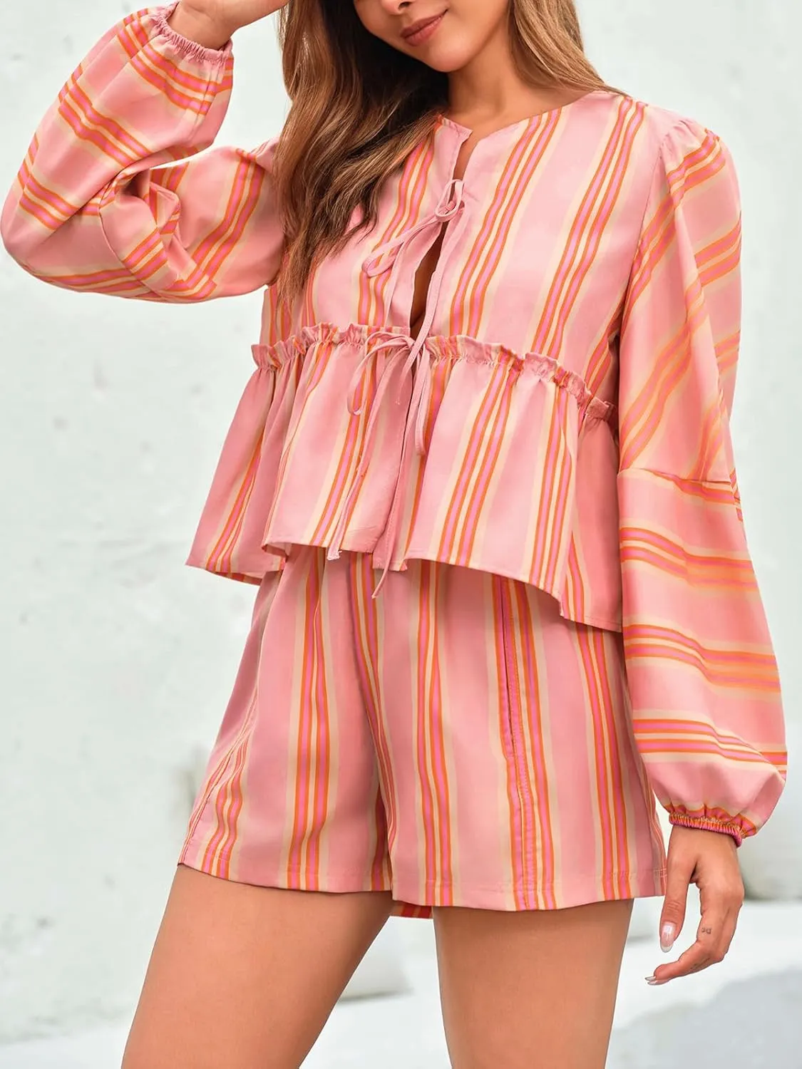 Tankaneo Womens 2 Piece Outfits Tie Front Peplum Tops Shorts Sets Striped Puff Long Sleeve Blouse Y2K Lounge Sets