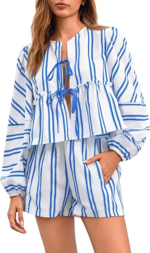 Tankaneo Womens 2 Piece Outfits Tie Front Peplum Tops Shorts Sets Striped Puff Long Sleeve Blouse Y2K Lounge Sets