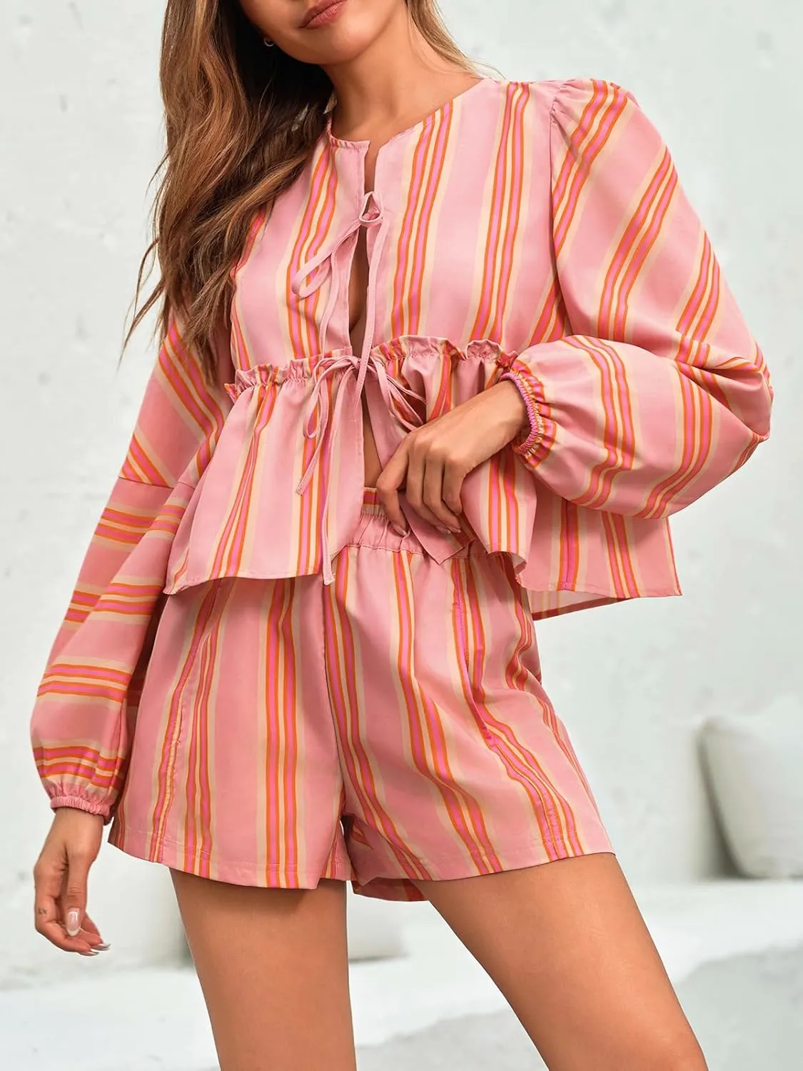 Tankaneo Womens 2 Piece Outfits Tie Front Peplum Tops Shorts Sets Striped Puff Long Sleeve Blouse Y2K Lounge Sets