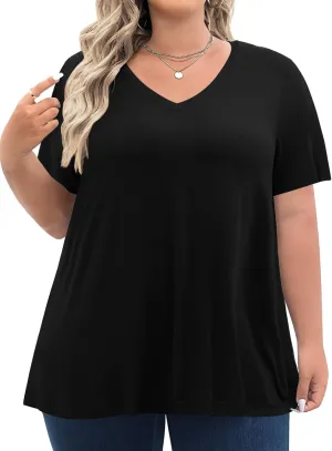 Tencede Womens Plus Size Tops Short Sleeve Tunic Shirts V Neck Summer Floral Loose Fit Blouse XL-5X