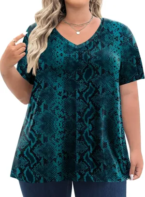 Tencede Womens Plus Size Tops Short Sleeve Tunic Shirts V Neck Summer Floral Loose Fit Blouse XL-5X