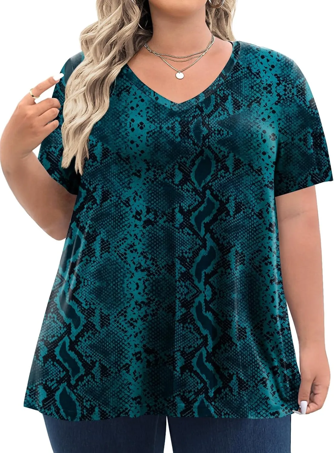 Tencede Womens Plus Size Tops Short Sleeve Tunic Shirts V Neck Summer Floral Loose Fit Blouse XL-5X