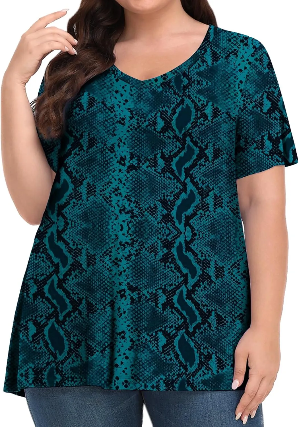 Tencede Womens Plus Size Tops Short Sleeve Tunic Shirts V Neck Summer Floral Loose Fit Blouse XL-5X