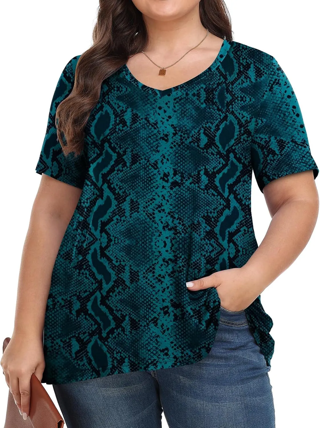 Tencede Womens Plus Size Tops Short Sleeve Tunic Shirts V Neck Summer Floral Loose Fit Blouse XL-5X