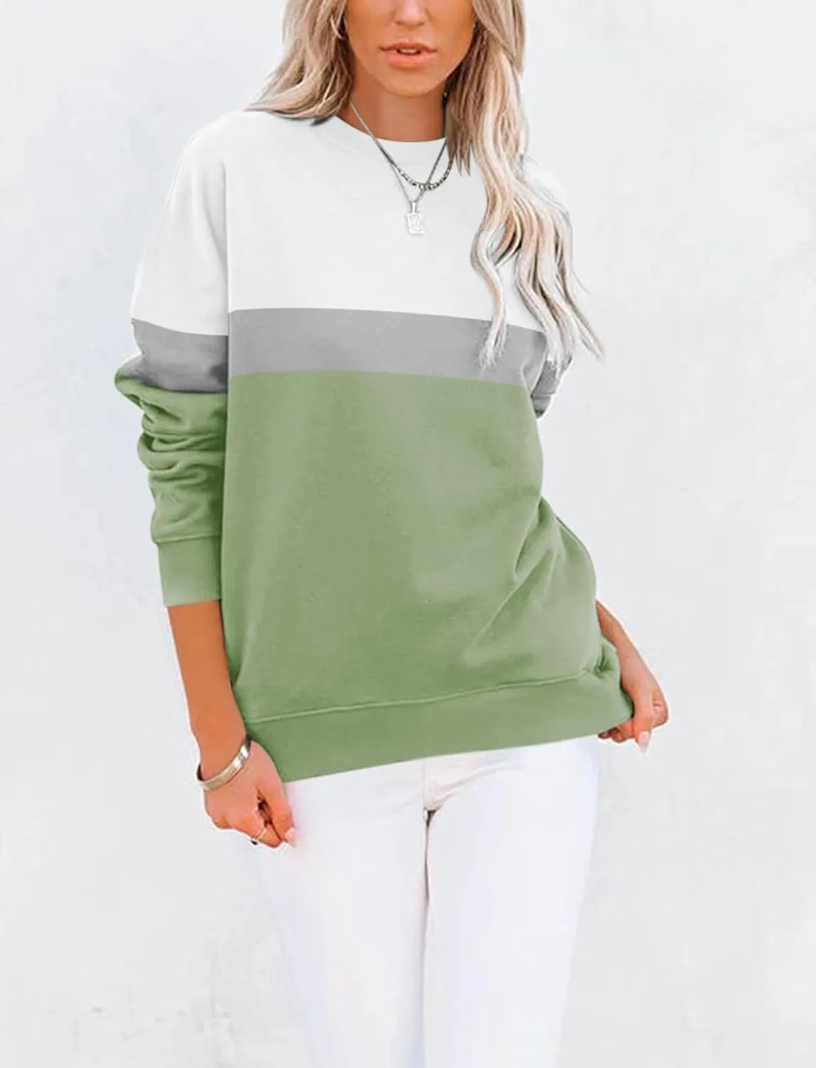 TICTICMIMI Women's Casual Long Sleeve Color Block/Solid Tops Crewneck Sweatshirts Cute Loose Fit Pullover with Pockets