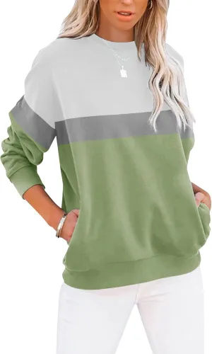 TICTICMIMI Women's Casual Long Sleeve Color Block/Solid Tops Crewneck Sweatshirts Cute Loose Fit Pullover with Pockets