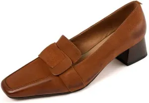 TinaCus Genuine Leather Women's Square Toe Handmade Low Chunky Heels Retro Loafers Shoes