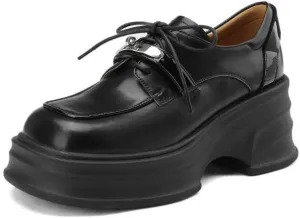 TinaCus Handmade Women's Genuine Leather Chain Design Lace Up Square Toe Mid Chunky Heel Platform Shoes