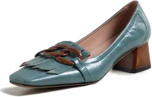 TinaCus Women's Genuine Leather Square Handmade Tassels Chunky Heel Retro Loafers Shoes with Chain